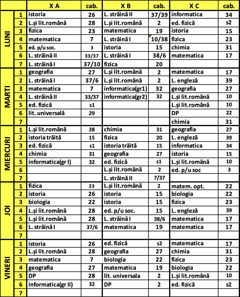 Orarul lecțiilor pentru clasele a X-a