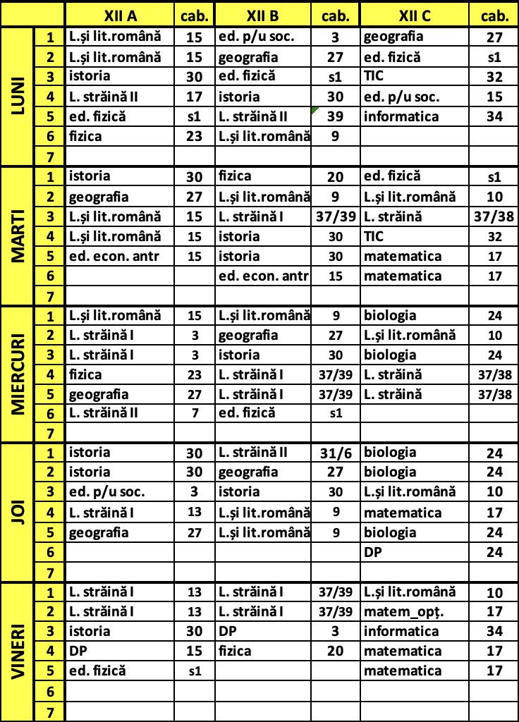 Orarul lecțiilor pentru clasele a XII-a